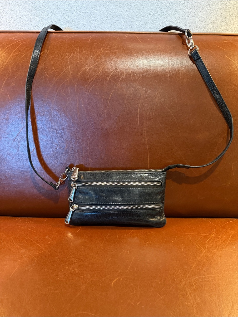 HOBO Cristel Black Leather Crossbody with Triple Zips Mini Bag